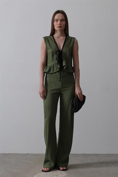 Önü Bağlamalı Volanlı Örme Takım - Haki