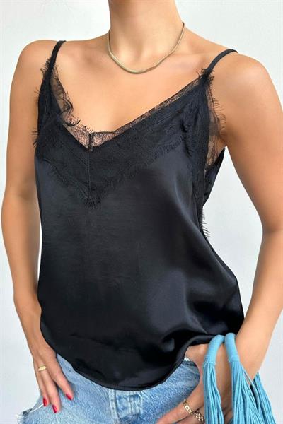 Önü Dantelli Askılı Atlet - Siyah