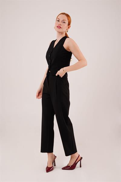 Önü Düğmeli Siyah Yelek