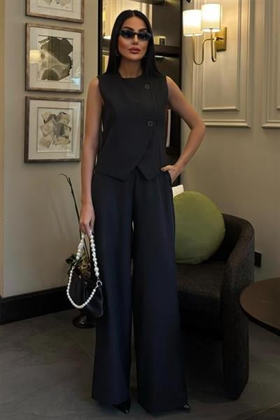 Önü Düğmeli Yelek Klasik Plazzo Pantolonlu Takım 10090