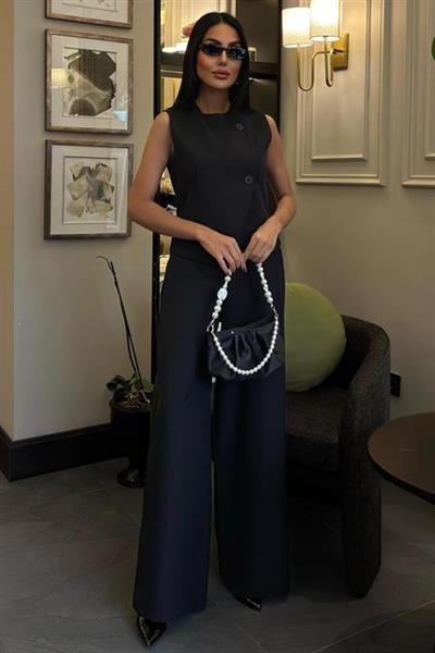 Önü Düğmeli Yelek Klasik Plazzo Pantolonlu Takım 10090