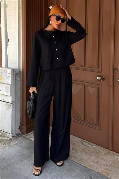 Önü İnce Kordon Detaylı Ve Double Paça Pantolonlu Takım 10180