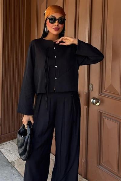 Önü İnce Kordon Detaylı Ve Double Paça Pantolonlu Takım 10180