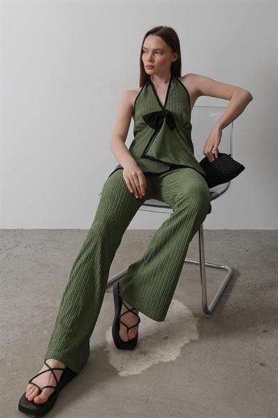 Önü Kelebekli Örme Takım - Haki