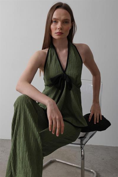 Önü Kelebekli Örme Takım - Haki