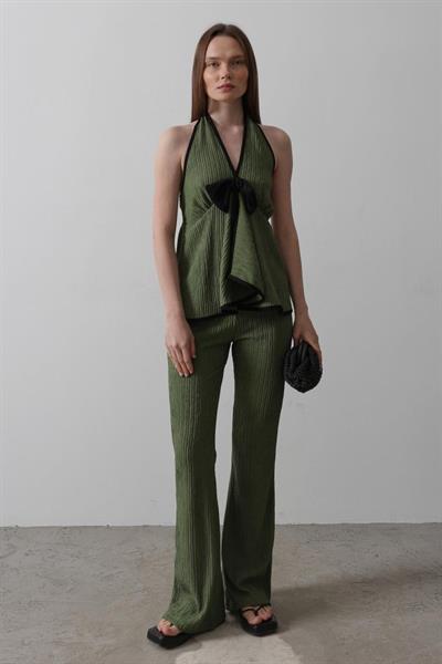 Önü Kelebekli Örme Takım - Haki