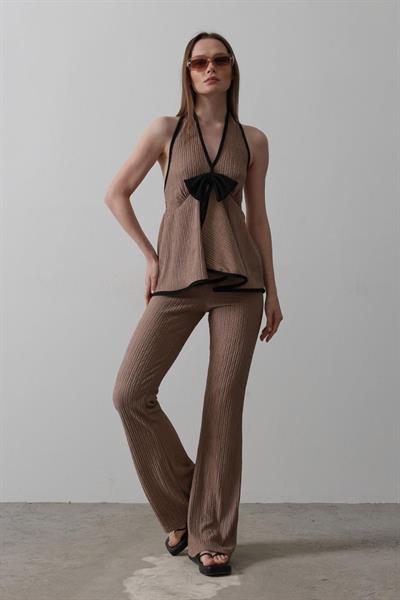 Önü Kelebekli Örme Takım - Vizon