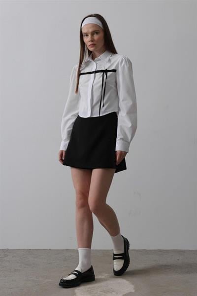 Önü Kontrast Fiyonklu Gömlek - Beyaz