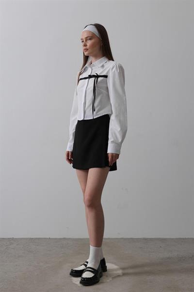 Önü Kontrast Fiyonklu Gömlek - Beyaz