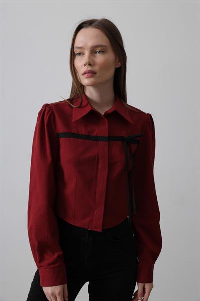 Önü Kontrast Fiyonklu Gömlek - Bordo