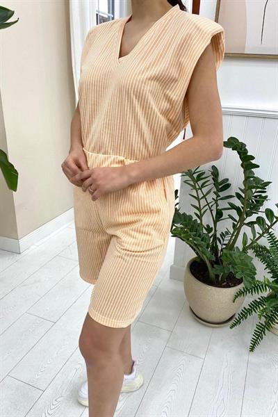 Oranj Çizgili Şortlu Takım