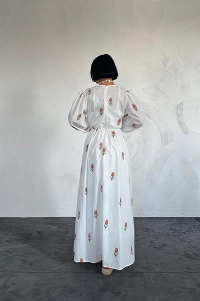 Oranj Lale Desenli Brode Elbise