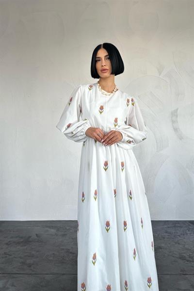 Oranj Lale Desenli Brode Elbise