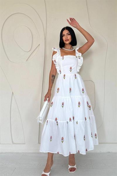 Oranj Sıfır Kol Fırfırlı Elbise