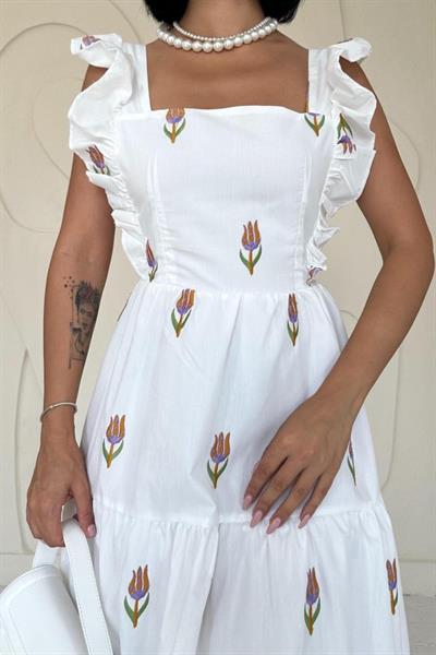 Oranj Sıfır Kol Fırfırlı Elbise