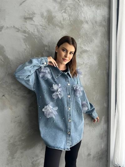 Organze Çiçek Tasarımlı Kot Gömlek