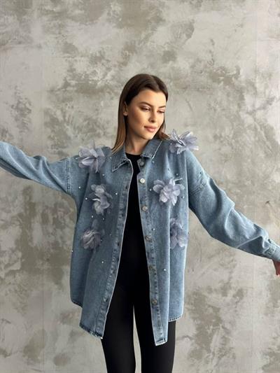Organze Çiçek Tasarımlı Kot Gömlek