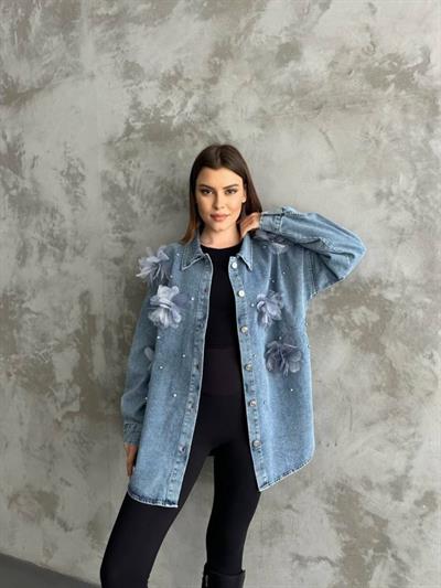 Organze Çiçek Tasarımlı Kot Gömlek