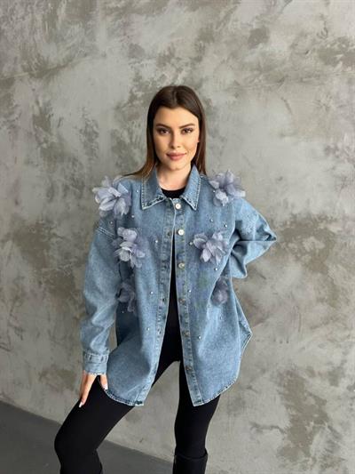 Organze Çiçek Tasarımlı Kot Gömlek
