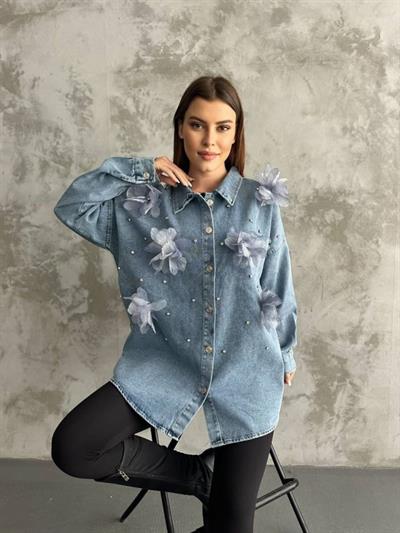 Organze Çiçek Tasarımlı Kot Gömlek