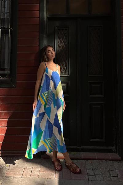 Örgü Askılı Elbise - Mavi