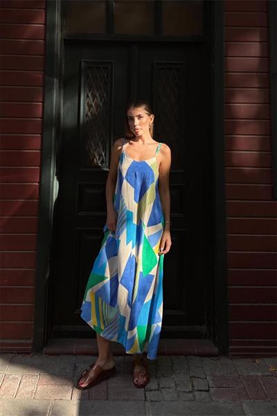 Örgü Askılı Elbise - Mavi