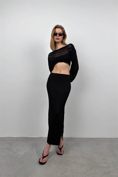 Örgü Detay Crop Triko Bluz