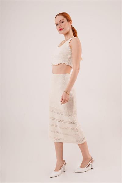 Örme Detaylı Etek Ve Bluz Krem Takım