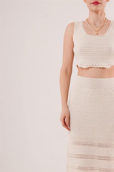 Örme Detaylı Etek Ve Bluz Krem Takım