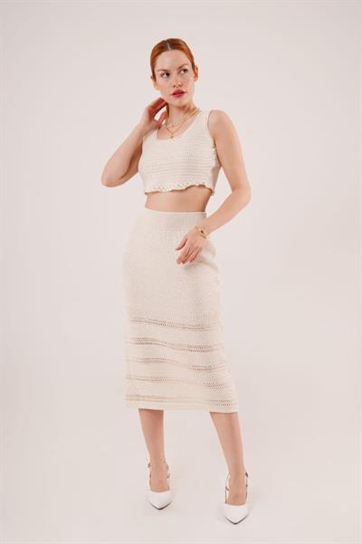 Örme Detaylı Etek Ve Bluz Krem Takım