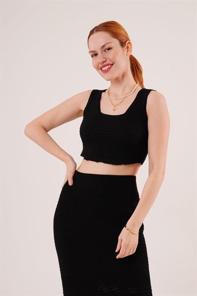 Örme Detaylı Etek Ve Bluz Siyah Takım