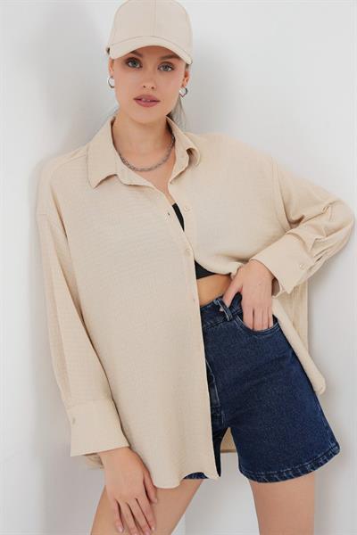 Örme Oversize Gömlek 20264 - Bej