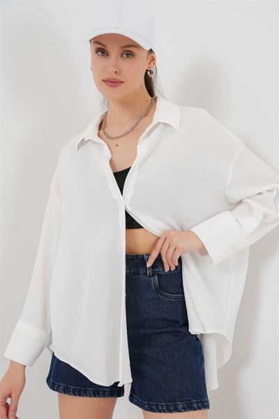Örme Oversize Gömlek 20264 - Beyaz