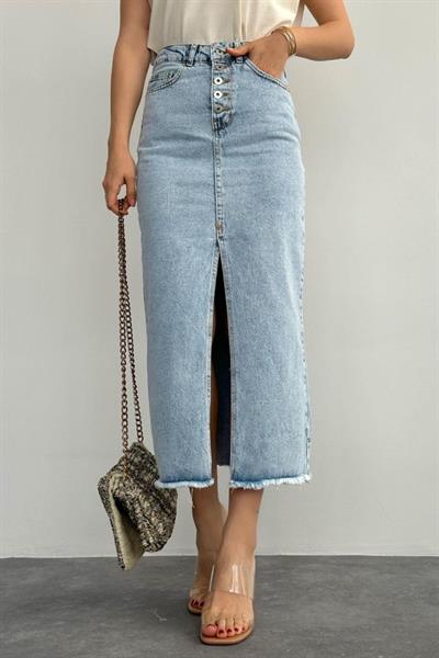 Ortası Yırtmaçlı Kot Etek - Mavi