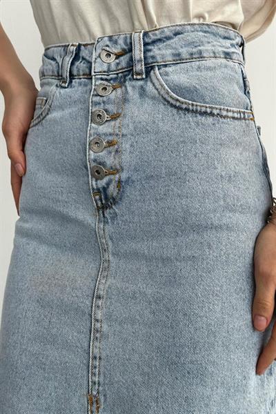 Ortası Yırtmaçlı Kot Etek - Mavi