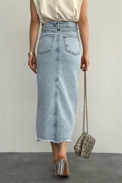 Ortası Yırtmaçlı Kot Etek - Mavi