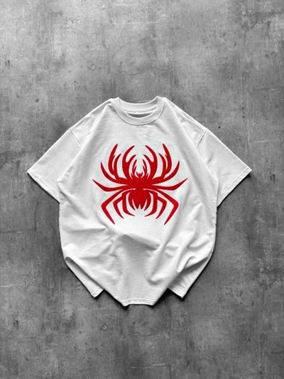 Örümcek Baskılı Tişört Kısa Kollu Bisiklet Yaka T-Shirt - Beyaz