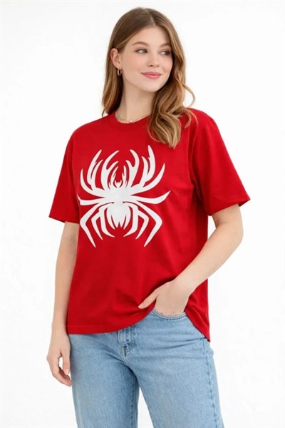 Örümcek Baskılı Tişört Kısa Kollu Bisiklet Yaka T-Shirt - Kırmızı