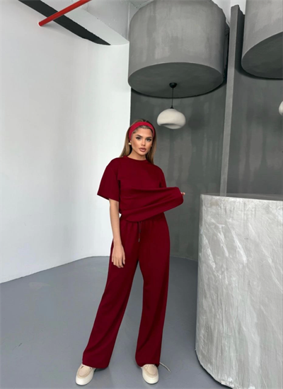 Osy Modal Yumuşak Dokulu Kumaş   Kısa Kollu Bluz Rahat Pantalon Ikili Takım- Bordo