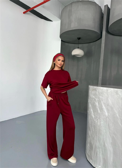Osy Modal Yumuşak Dokulu Kumaş   Kısa Kollu Bluz Rahat Pantalon Ikili Takım- Bordo