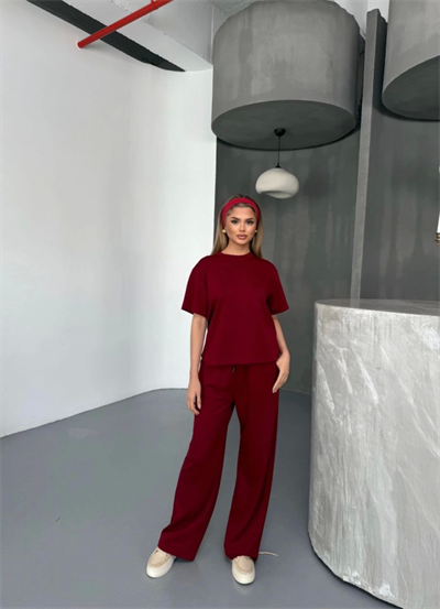 Osy Modal Yumuşak Dokulu Kumaş   Kısa Kollu Bluz Rahat Pantalon Ikili Takım- Bordo