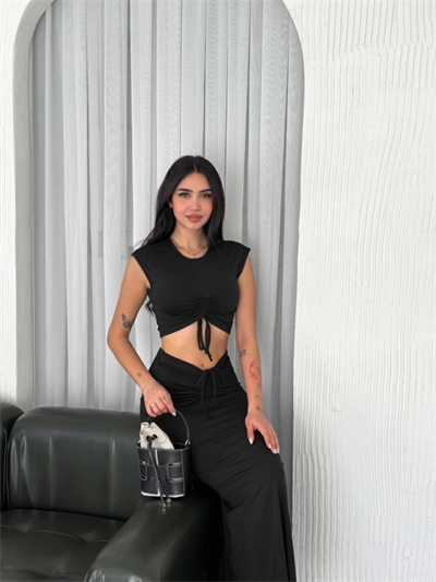 Osy Modal Yumuşak Dokulu Kumaş  Büzgülü Crop Etek Takım - Siyah
