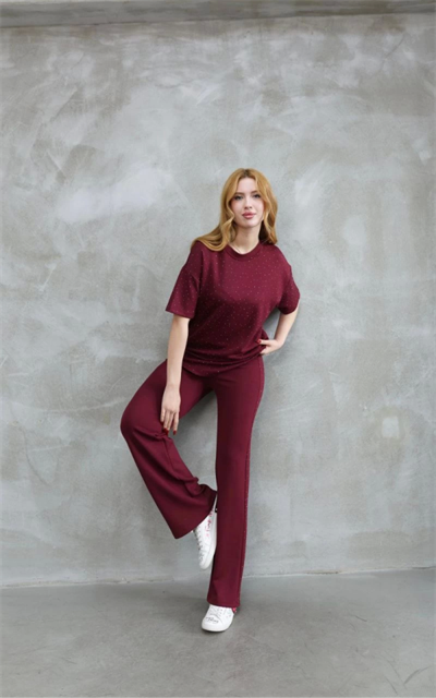 Osy Modal Yumuşak Dokulu Kumaş Bisiklet Yaka Taş Detaylı Kısa Kollu Takım - Bordo