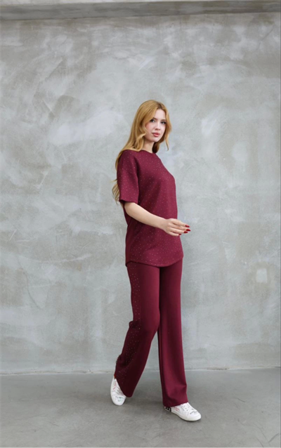 Osy Modal Yumuşak Dokulu Kumaş Bisiklet Yaka Taş Detaylı Kısa Kollu Takım - Bordo