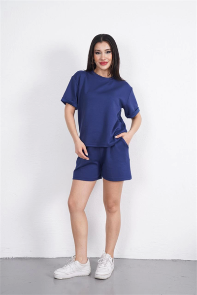 Osy Modal Yumuşak Dokulu Kumaş Bisiklet Yaka T-shirt Kısa Şort İkili Takım - Mavi