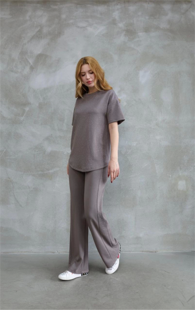 Osy Modal Yumuşak Dokulu Kumaş Bisiklet Yaka Taş Detaylı Kısa Kollu Takım - Vizyon