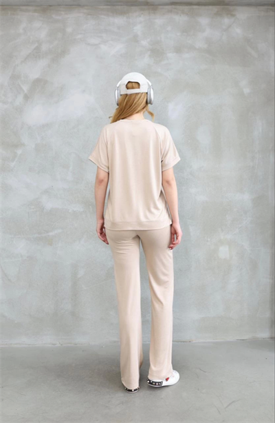 Osy Modal Yumuşak Dokulu Kumaş Bisiklet Yaka Kısa Kollu Takım - Bej