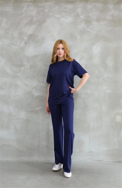 Osy Modal Yumuşak Dokulu Kumaş Bisiklet Yaka Taş Detaylı Kısa Kollu Takım - Lacivert