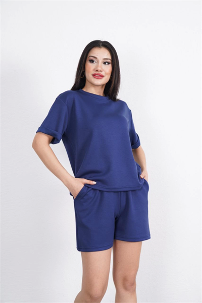 Osy Modal Yumuşak Dokulu Kumaş Bisiklet Yaka T-shirt Kısa Şort İkili Takım - Mavi