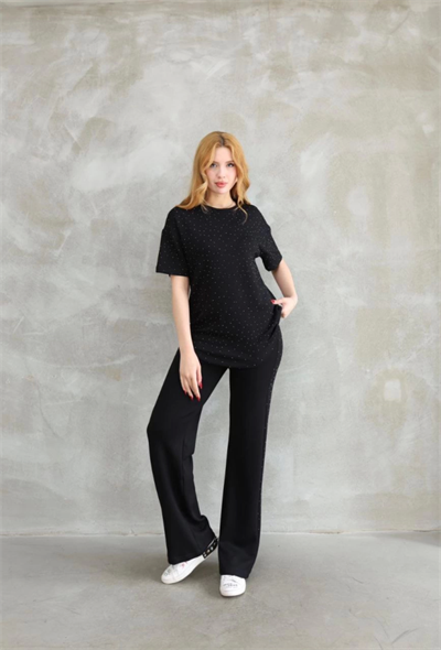 Osy Modal Yumuşak Dokulu Kumaş Bisiklet Yaka Taş Detaylı Kısa Kollu Takım - Siyah